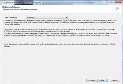 Appendice: Installazione di SQL Server 2008 R2 Express Di seguito riportiamo la procedura di installazione del motore SQL Server 2008 R2 Express scegliendo la modalità d installazione Automatica