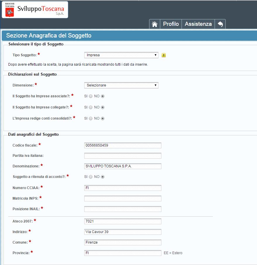 Accesso unico Anagrafica A questo punto l utente deve scegliere la tipologia del proprio soggetto e completare (o confermare) i dati relativi insieme a quelli del Rappresentante legale per proseguire.