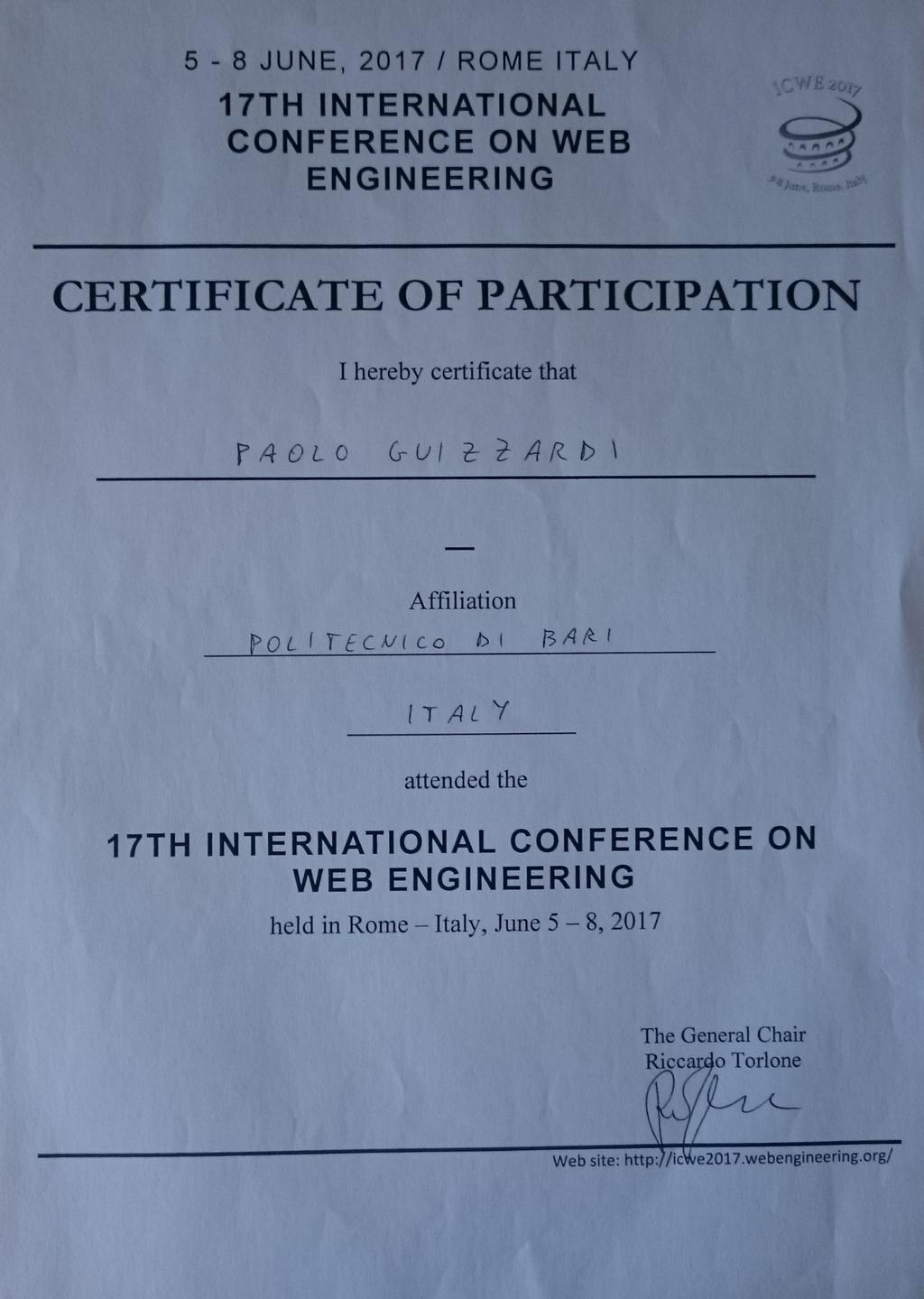 Certificato di partecipazione - 17th ICWE.