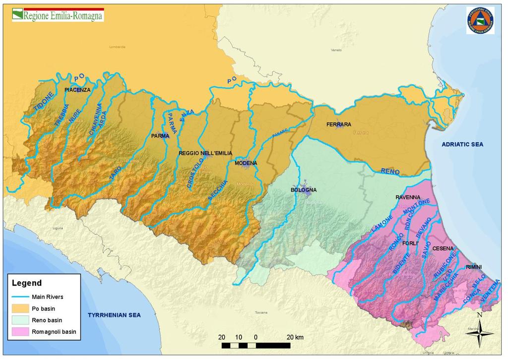 Rete idrografica Il territorio dell'emilia-romagna è caratterizzato dalla presenza di una complessa rete idrografica, composto da venti fiumi principali, con regime torrentizio, che attraversano la
