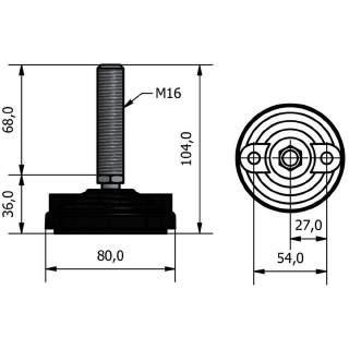 PIEDE PF Ø80 M16 H101+3 J1400 stelo snodato, con prefori di staffaggio chiusi da diaframma piattello in PA - stelo in acciaio