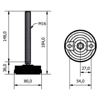 PIEDE PF Ø80 M16 H181+3 J1500 stelo snodato, con prefori di staffaggio chiusi da diaframma piattello in PA - stelo in acciaio