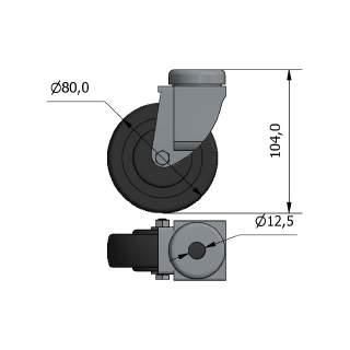 RUOTA GOMMA GRIGIA / PA Ø80 F12 G J2381 ruota girevole con freno - fissaggio con vite M12x20 alle flange J2653 e J2803 acciaio zincato, gomma naturale antitraccia, mozzo in polimero plastico A