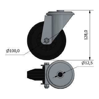 RUOTA GOMMA NERA / PP Ø100 F12 G J2466 ruota girevole con freno - fissaggio con vite M12x30 alle flange J2653 e J2803 acciaio zincato, gomma sintetica antiolio, mozzo in polimero plastico A richiesta