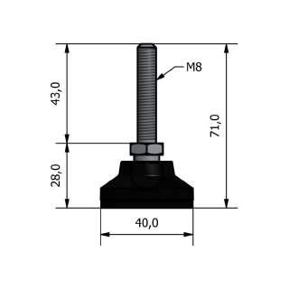 PIEDE Ø40 M8 H68+3 J0150 stelo snodato piattello in PA - stelo in acciaio zincato - antiscivolo in gomma