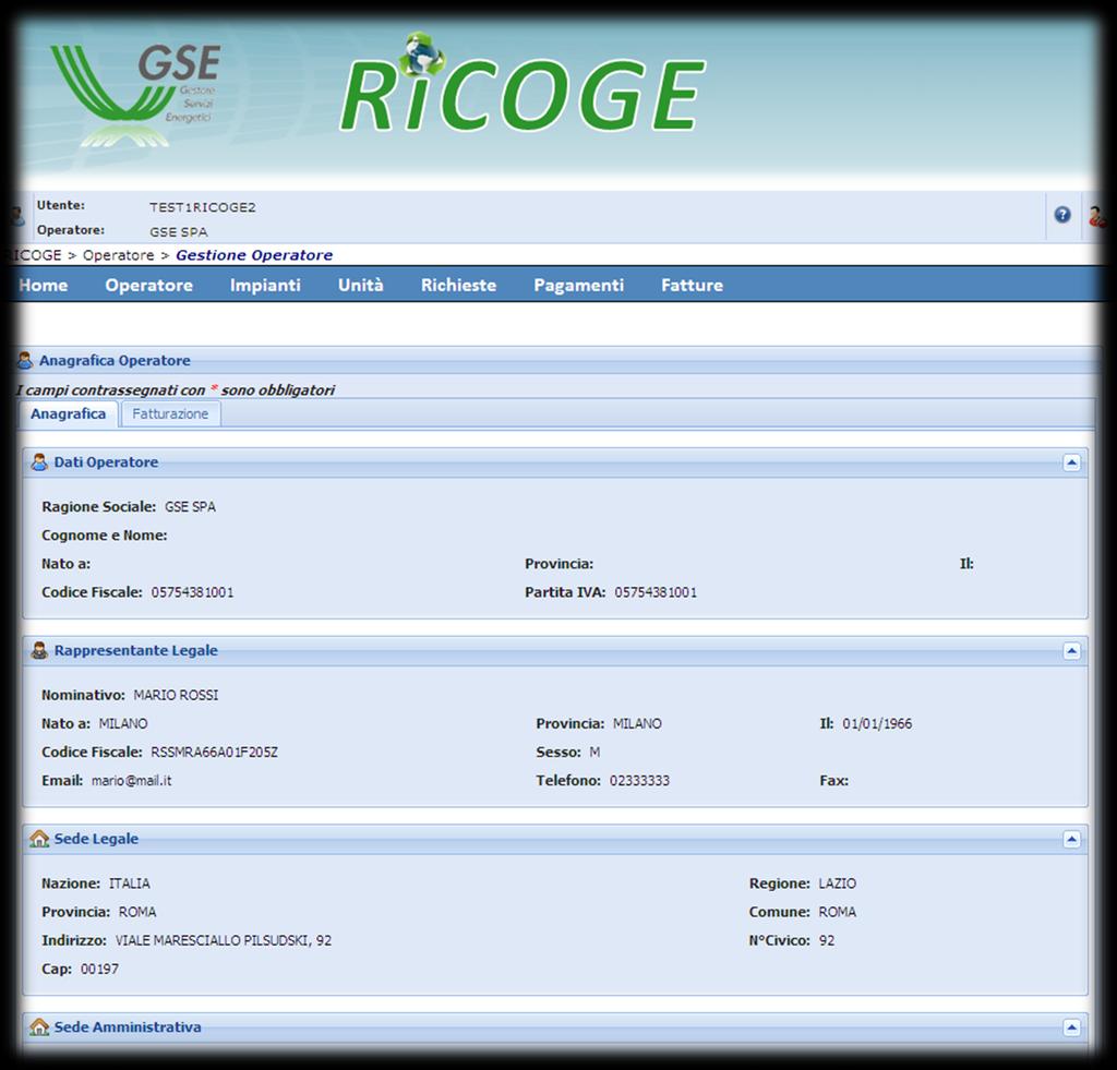 3 Operatore 3.1 Gestione Operatore Al primo accesso in RICOGE, l operatore visualizza la schermata Anagrafica Operatore.