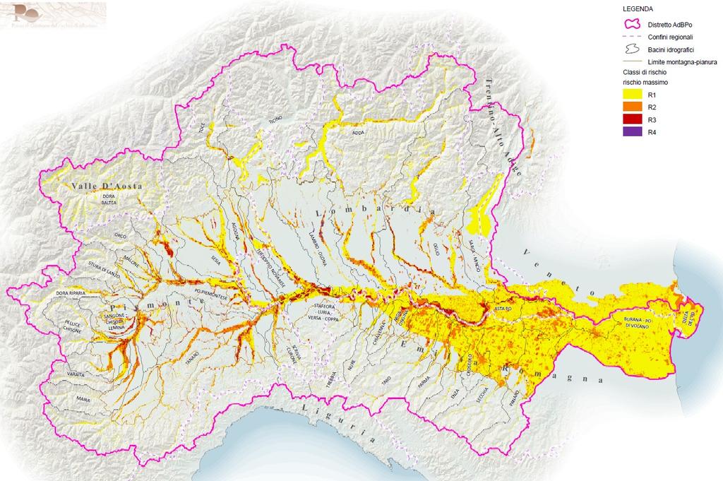 IL RISCHIO DA ALLUVIONI NEL BACINO DEL PO Classificazione degli elementi sensibili* ricadenti entro le aree allagabili secondo 4 gradi di rischio crescente * persone, infrastrutture e strutture