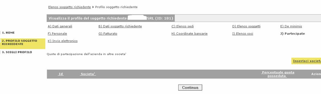 Nella pagina di dettaglio indicare Denominazione della società, percentuale di quota