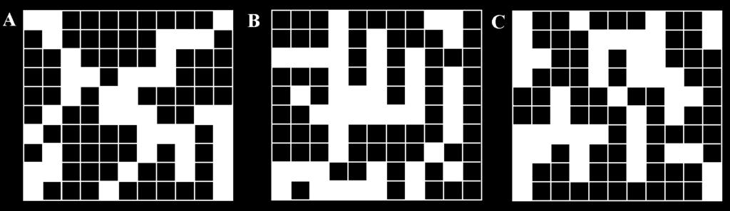 RSA0050 Considerando i tre disegni proposti, individuare l affermazione corretta. a) Il disegno A e il disegno C hanno lo stesso numero di quadretti anneriti e lo stesso numero di bianchi.