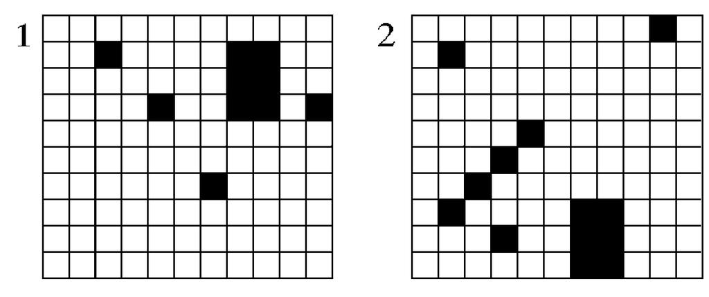RSA0095 Quante «caselle» nere sono presenti rispettivamente nei rettangoli 1 e 2? a) 10 e 12. b) 10 e 11. c) 10 e 13. d) 11 e 13.