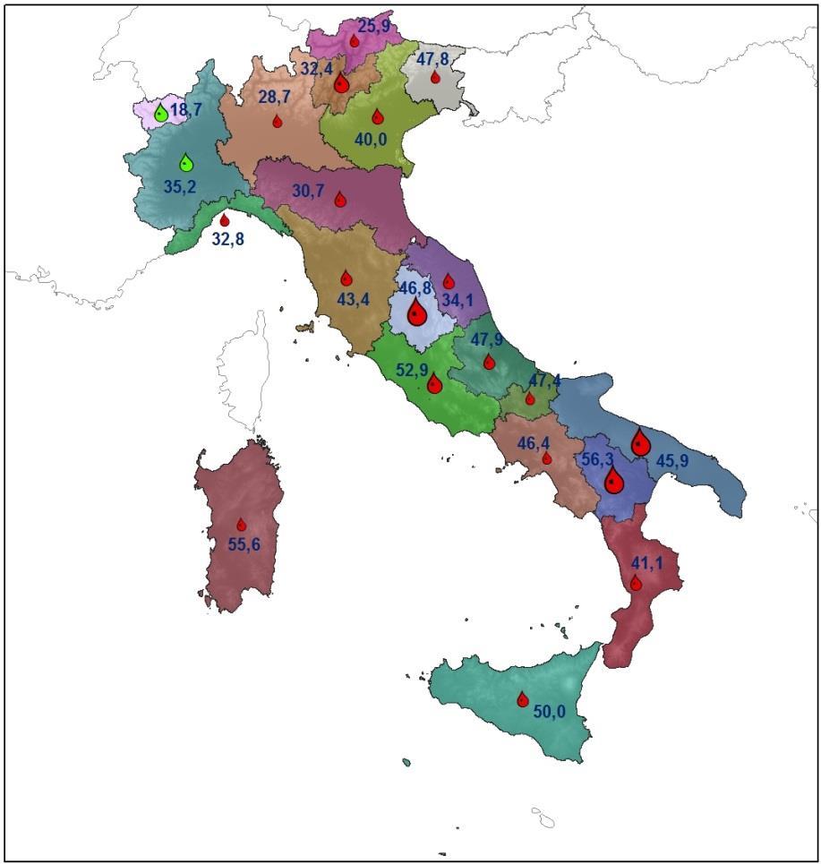 Reti comunali di distribuzione dell acqua potabile Aumentano le dispersioni Perdite idriche totali = 41,4 % del volume immesso (37,4 % nel 2012) Perdite idriche apparenti = 3,0 % del volume immesso