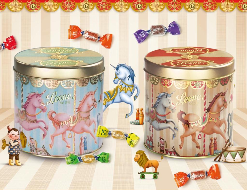 Giostrine di Dolcezza Dimensioni: cm 12x12 Prestigiose confezioni di latta: rosso, azzurro LATTE GIOSTRINE CON GELATINE 150g gelatine di pura frutta gusti assortiti CODICE 3826 PREZZO 5,65 CAD.