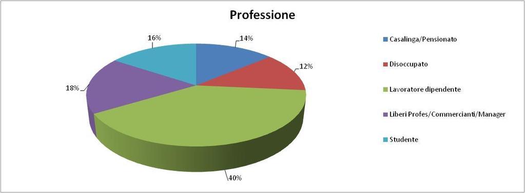professione è la seguente: Livello di Istruzione: l 11% dei rispondenti ha un diploma di scuola elementare/media; il 52% ha conseguito il diploma di maturità e il 36% una Laurea/ diploma