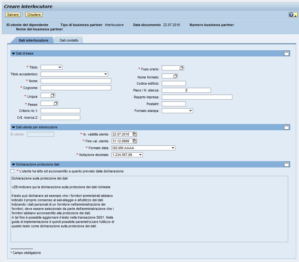 Creare le contact person degli offerenti Si aprirà la schermata in cui inserire i dati della contact person.