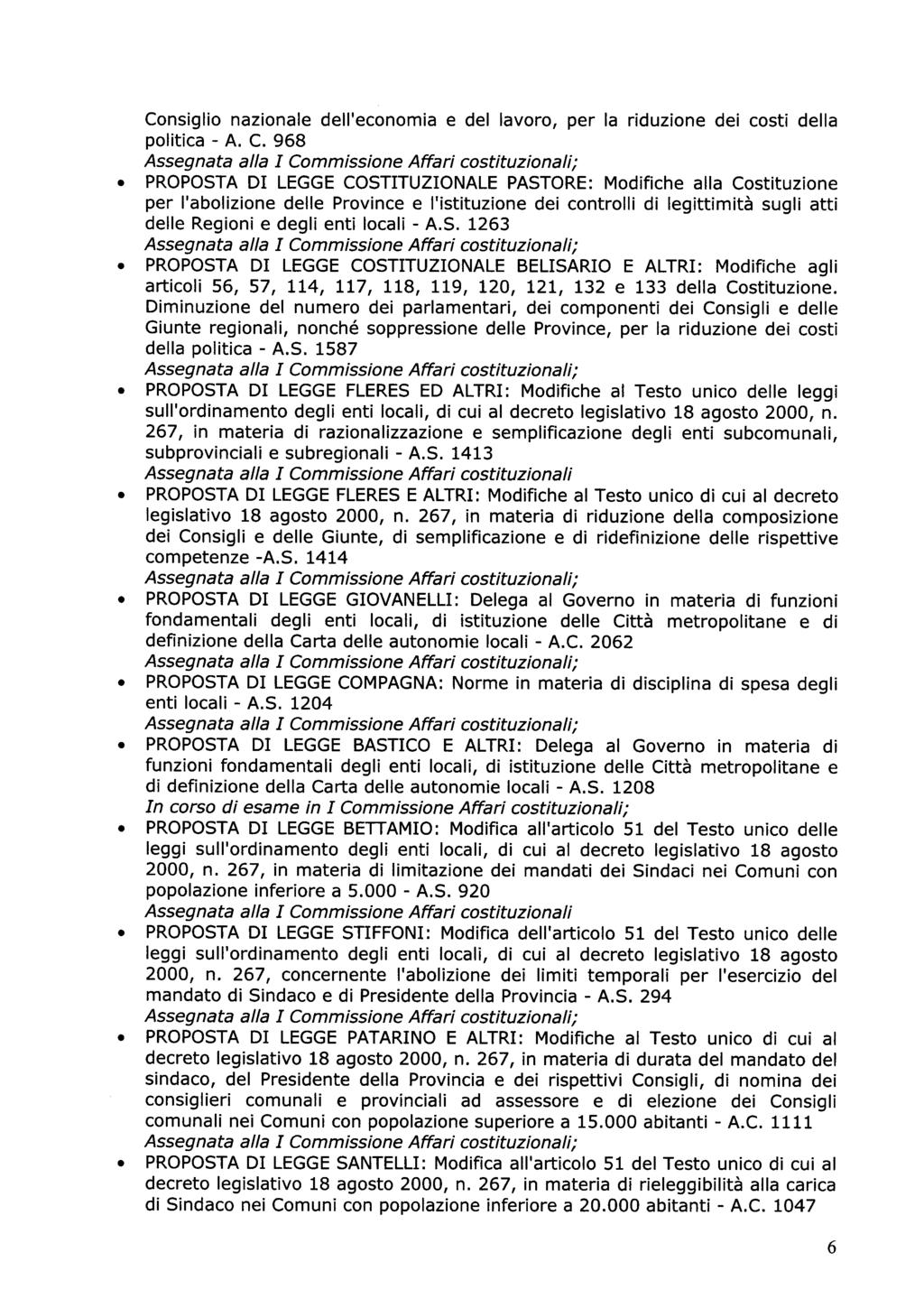 Consiglio nazionale dell'economia e del lavoro, per la riduzione dei costi della politica - A. C.