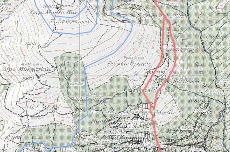 La comunanza di Capriasca/Lugano è di dimensioni molto contenute e sostanzialmente riguarda parti di sedimi stradali e relative adiacenze a nord di Insone-Corticiasca sotto il Monte Bar.