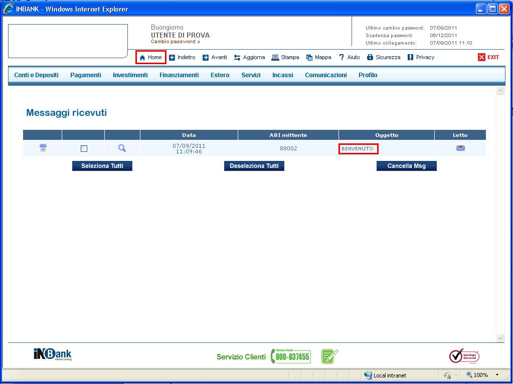 9. Messaggi ricevuti Per visualizzare eventuali messaggi ricevuti dalla Banca cliccare sull oggetto del