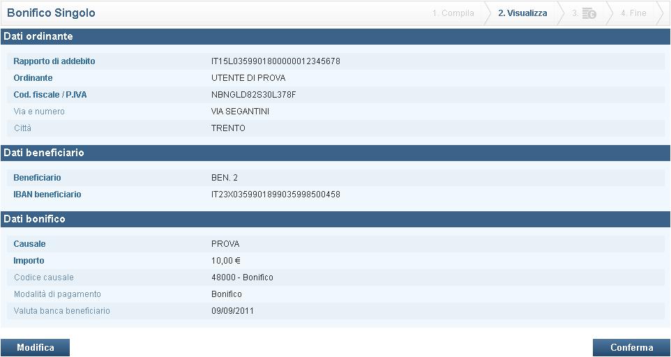 Selezionare la funzione "Conferma" per inviare la disposizione; InBank spedirà via SMS il codice OTP