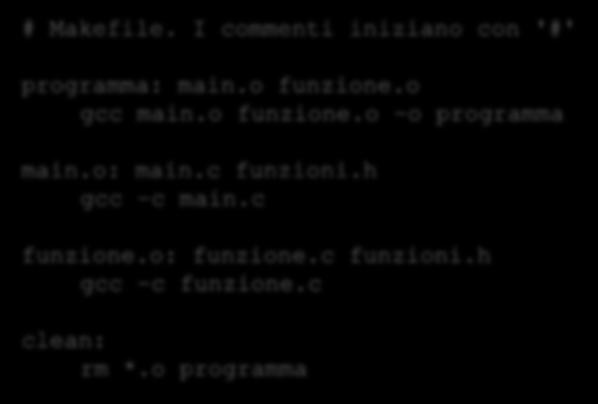 Make esempio # Makefile. I commenti iniziano con '#' programma: main.o funzione.o gcc main.o funzione.o o programma main.
