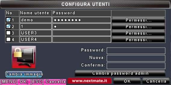 4-5 Utenti Il menu Configurazione Utenti permette di impostare le limitazioni alle funzioni modificabili da remoto per 4 utenti diversi che accedono al DVR da web.