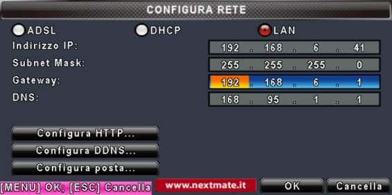 4-6 Rete Menu Tipo Configura HTTP Configura DDNS Configura posta Scelta del collegamento nella rete del DVR: DHCP LAN ADSL. Entra nel presente menu per configurare la rete per l accesso remoto al DVR.