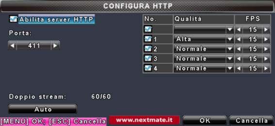 4-6.2 Configura HTTP Attraverso questo menu è possibile selezionare gli ingressi visibili su web ed impostare la qualità ed i frame rate per ogni singolo ingresso, per avere la minore occupazione di