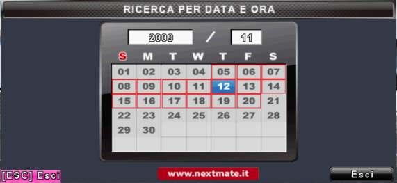 5-2.2 Ricerca per data e ora La ricerca per orario permette di effettuare una ricerca delle registrazioni temporale. Per ricercare le registrazioni utilizzare i tasti frecce.