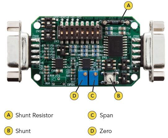 Resistenza di Shunt Lo Shunt è utilizzato per simulare un carico al sensore utilizzando un resistore interno definito 'RSH' nel circuito CSG110.