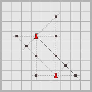 fig. 4 Notiamo che le linee di visione dei due architetti presentano dei punti di intersezione, in orizzontale, verticale e in diagonale. E in questi punti di intersezione che è possibile costruire.