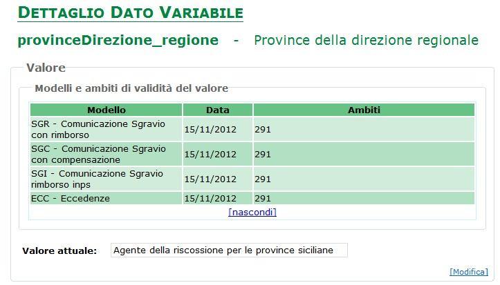 coppie modello/data applicabilità per cui vale il valore del dato variabile riportato nella textbox Valore attuale ; per ogni coppia modello/data viene riportato l elenco degli ambiti