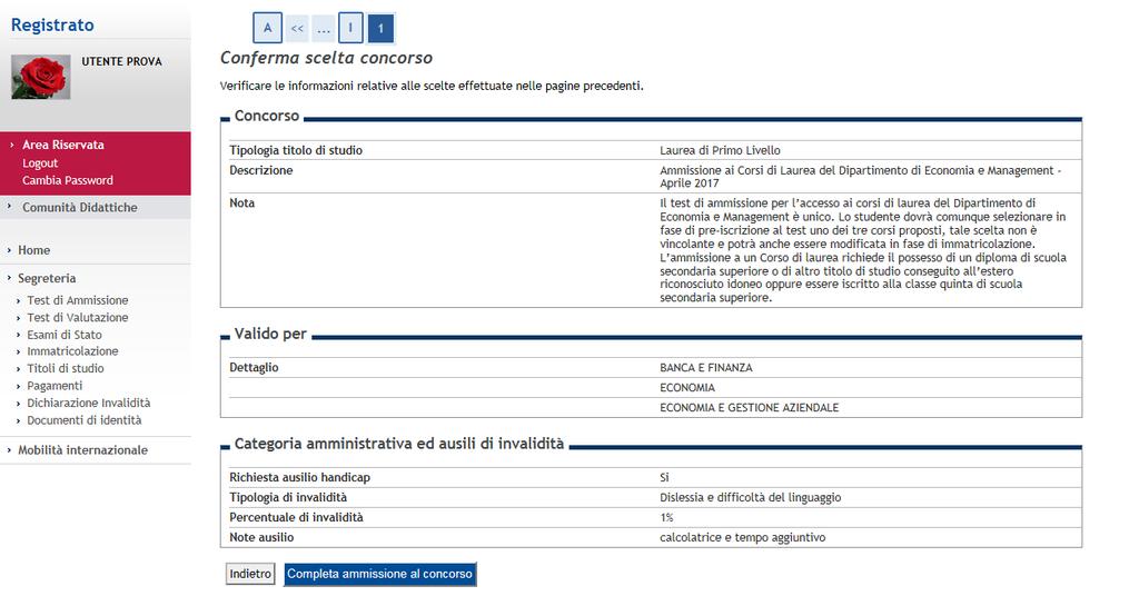 Conferma dati inseriti e conclusione procedura di ammissione Se i