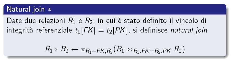 Natural join (1) L'operatore di join e fondamentale perchè permette di reperire informazioni che sono contenute in relazioni tra loro collegate tramite chiavi esterne In tal