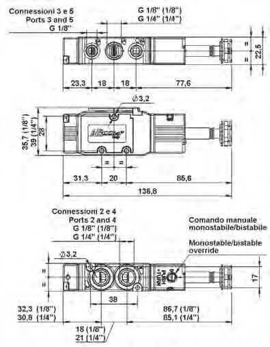 125 EVR 1/8-1/4 - AU8 Valvole a comando elettro-pneumatico Solenoid valves Pressione d esercizio: 1 10 Bar (0,10 1,00 MPa) Tipo di azionamento manuale: Mono-bistabile Peso: 0,106 kg LA BOBINA VIENE