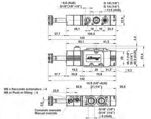 override: Monostable Weigt: 0,107 kg Valvole elettro-pneumatica 5/2, alimentazione separata Pilot assisted, 5/2 single solenoid valves 1252125003 EVR 1/8" 22 5 SA PM OO P 1252135003 EVR 1/4" 22 5 SA