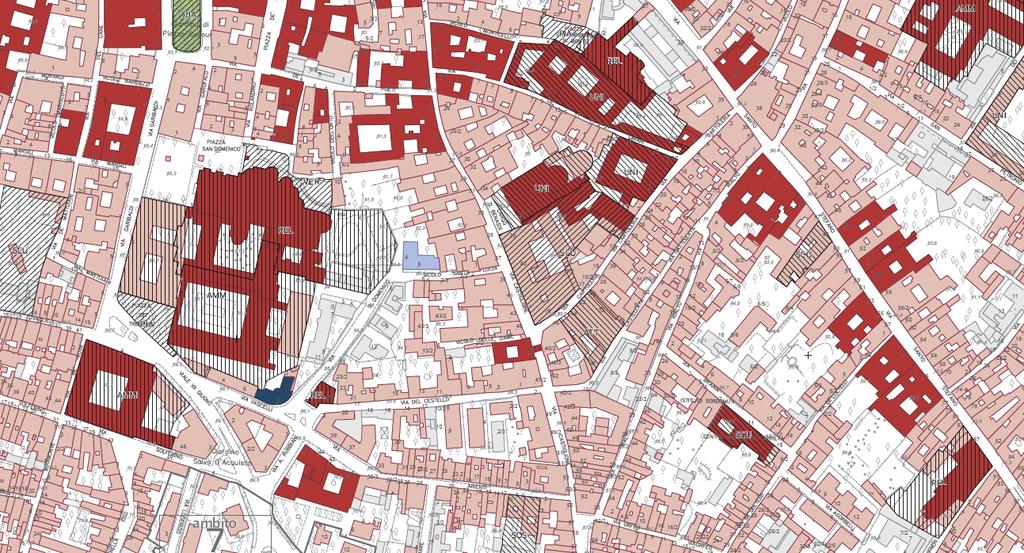 Estratto della cartografia del RUE di Bologna relativa al centro storico In rosso gli edifici di interesse storico architettonico, in rosa gli edifici d'interesse documentale Secondo l articolo 57