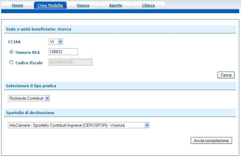 COMPILARE IL MODELLO BASE DELLA PRATICA (PULSANTE CREA MODELLO ) selezionare la Camera di Commercio a cui inviare la pratica (CCIAA: VA) inserire il Nr.