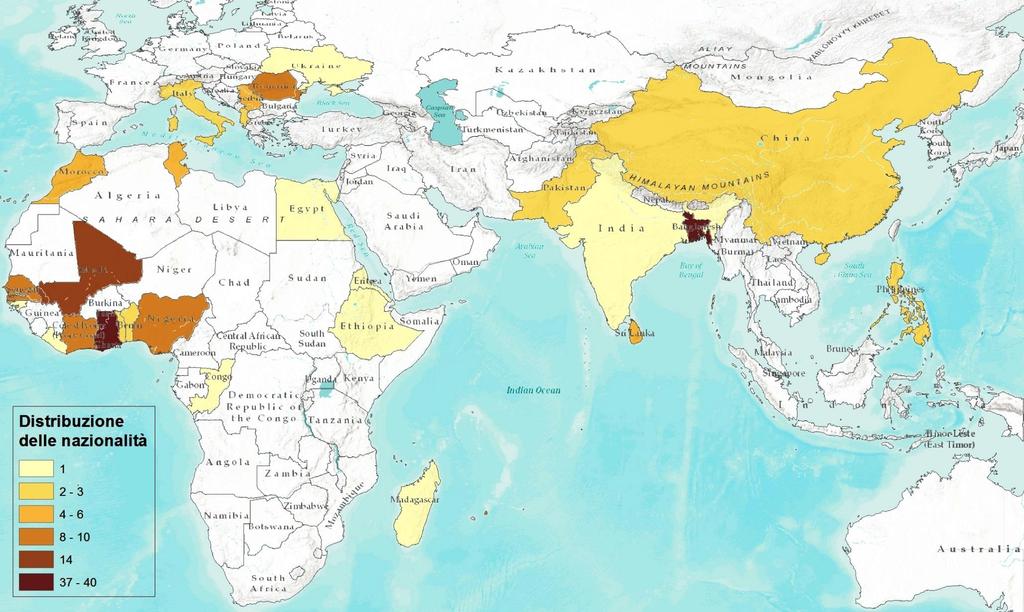 NAZIONALITA Nazionalità più rappresentate: 1) Bangladesh (20,8%) 2) Ghana (19,3%) 3) Mali (7,3%) 4)