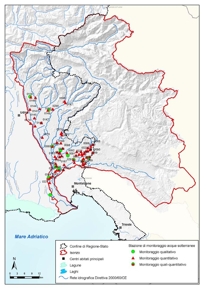 Figura 4.4: mappa dei pozzi di monitoraggio qualitativo e quantitativo nel bacino del fiume Isonzo in territorio italiano.