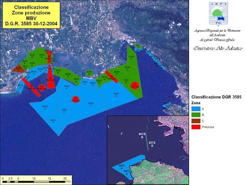 Figura 6.2: classificazione delle acque destinate alla molluschicoltura, secondo la determinazione della D.G.R. 3585/2004 della Regione Autonoma Friuli Venezia Giulia.