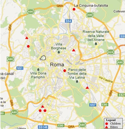 Materiali e metodi Tutti i 9 volontari risiedono a Roma, all interno del Grande Raccordo Anulare, i loro movimenti, così