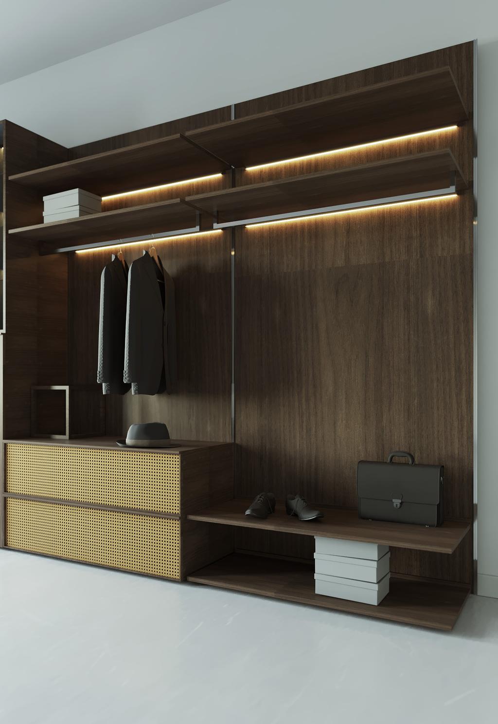 SWING STORAGE AND WARDROBE Customized wardrobes and walk-in closets characterized by the use of compartments with hinged