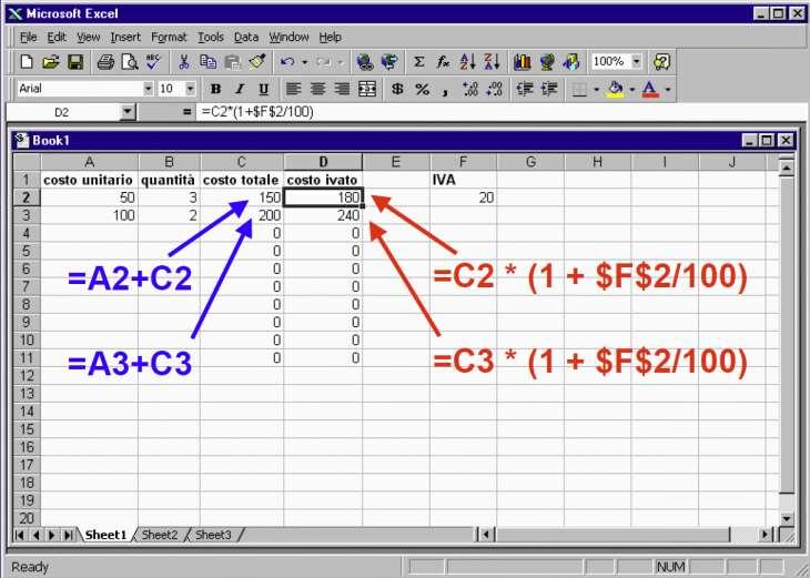 Fogli elettronico Riferimenti assoluti e relativi Si può evitare che i riferimenti ad una cella vengano modificati quando l espressione viene copiata o spostata: C5