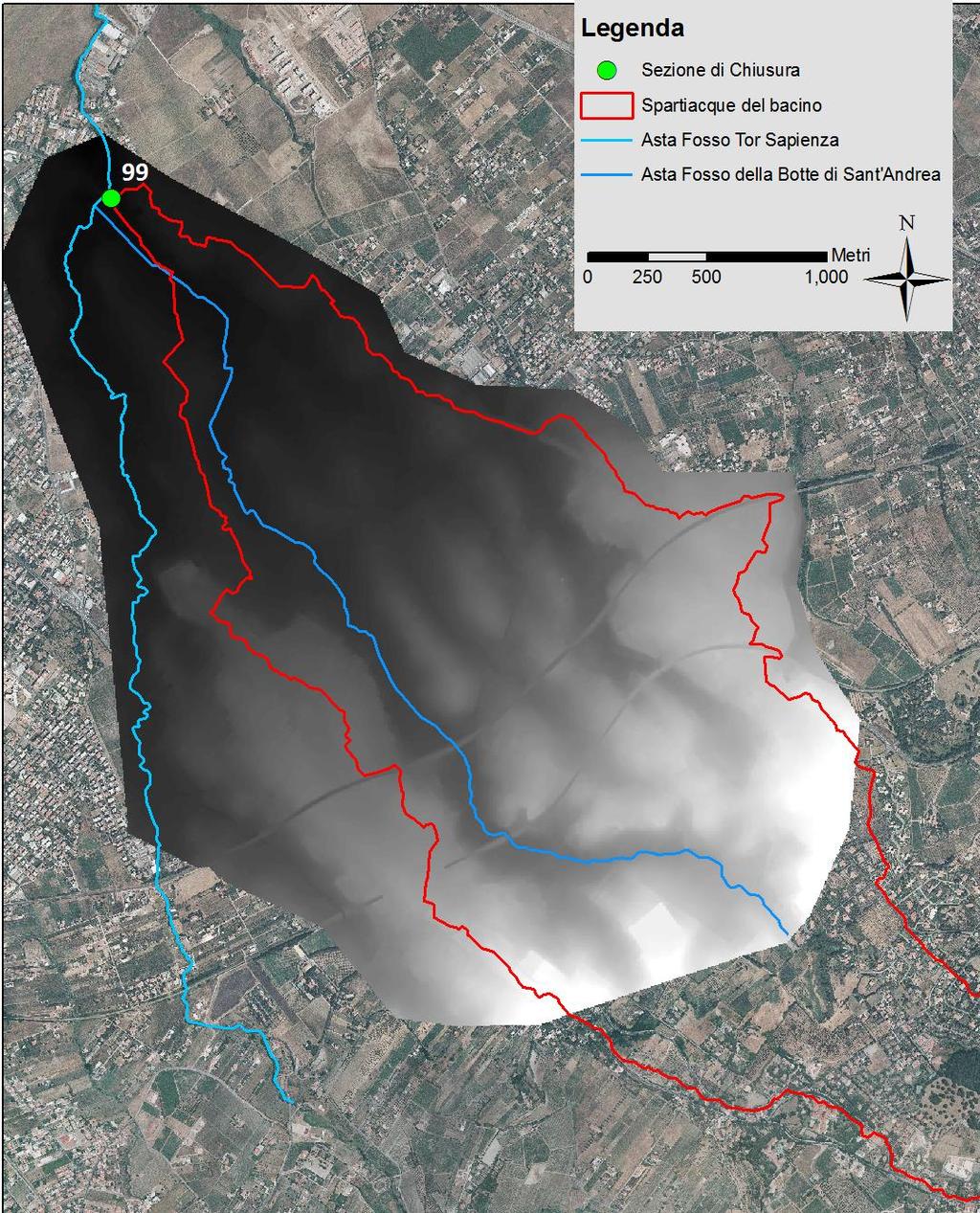 Il limite vallivo del dominio di calcolo è stato fatto conincidere con l affluenza al fosso Tor Sapienza.