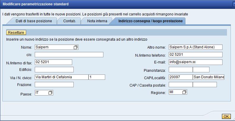 Passo 1 Parametrizzazione Standard 2/2 Cliccando su Impostare valori standard è possibile definire alcuni paramentri