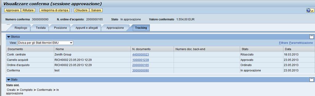 Gestione Richieste Approvazione PEM Il tab Tracking tiene traccia di tutti i documenti legati alla PEM in questione. Tali documenti sono navigabili cliccando sul numero di documento (N. Documento).