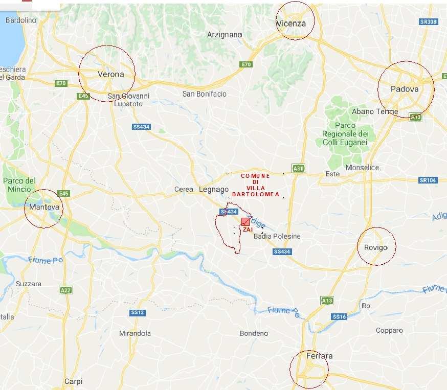 La posizione della ZAI di Carpi è baricentrica rispetto alle più importanti città del nord-est Veneto alle quali è direttamente collegata attraverso strade ed autostrade, infatti, come già accennato