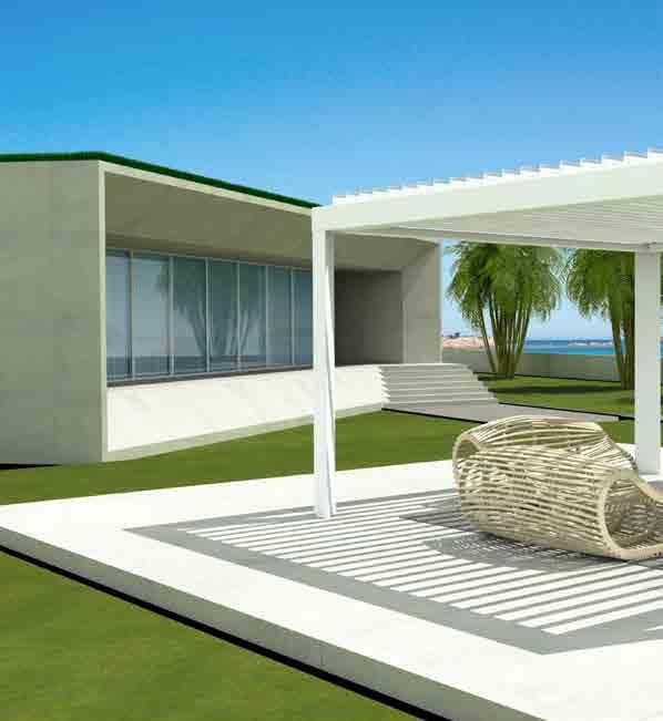 NEW 07 Pergola bioclimatica autoportante in alluminio dal design ricercato e innovativo. Gronda perimetrale da 0 x 0 cm. con raccolta acqua integrata nei montanti di forma triangolare.