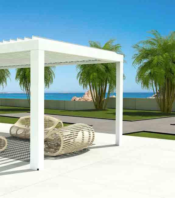 Bioclimatiche Bioclimatics Bioclimatic self-supporting pergola with a refined and innovative design. Perimetrical water drain cm. 0x0 for the outflow of rain water in vertical triangle poles.