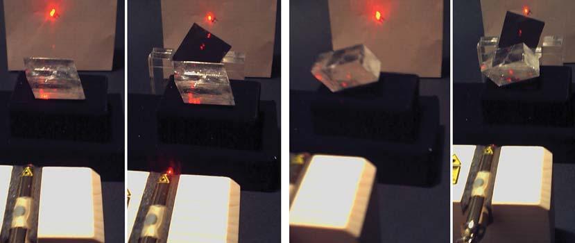 21 - CARATTERIZZARE IL FASCIO ORDINARIO DA QUELLO STRAORDINARIO Su un cristallo di calcite incide luce laser. I due fasci che emergono dal cristallo vengono intercettati con uno schermo.