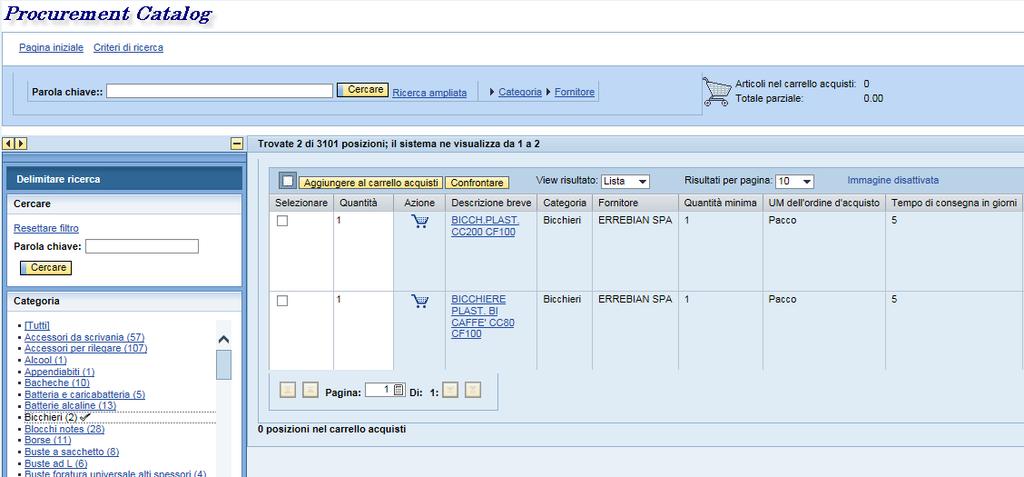 delle voci di Categoria o Fornitore, la lista dei risultati